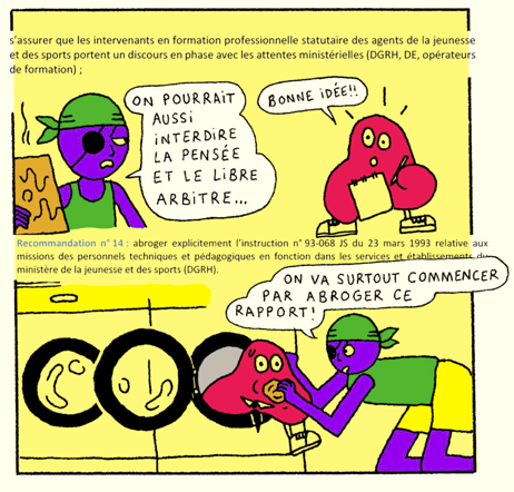 Personnages colorés discutant d'un rapport.